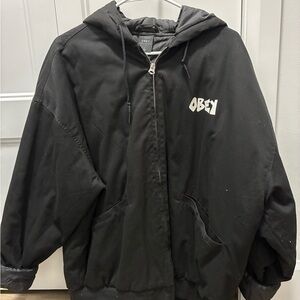 Obey Black Windbreaker Jacket with Hooded Design